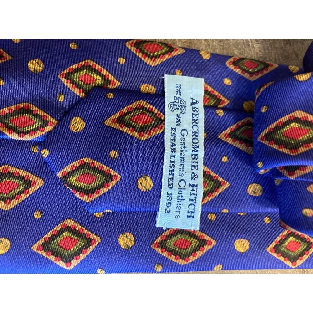 Abercrombie & Fitch Mens Silk Tie Blue Red Gold Geometric Diamond Made in USA